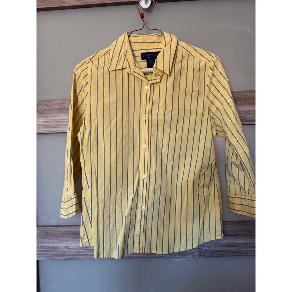 Charter Club Petite Yellow Blue Striped Button Down Shirt 8P 3/4 Sleeve Cotton
